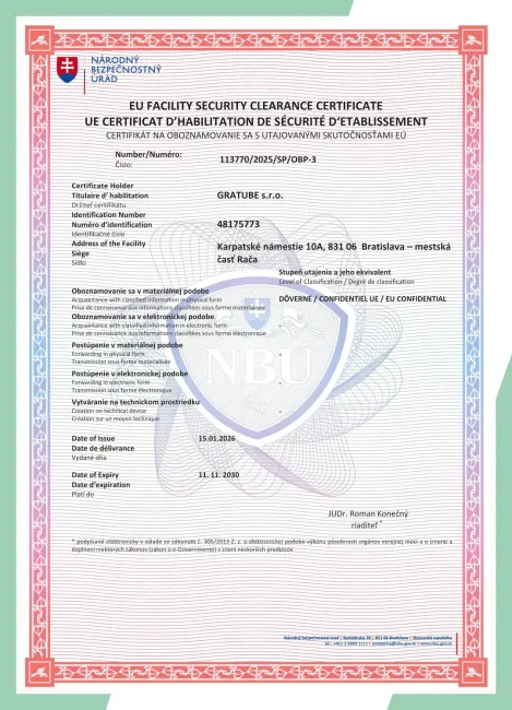 Certifikát NBÚ na oboznamovanie sa s utajovanými skutočnosťami EÚ (EU Facility Security Clearance), stupeň Dôverné, GRATUBE s.r.o.