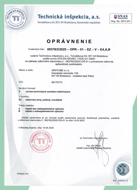 Oprávnenie Technickej inšpekcie na výrobu vyhradených technických zariadení elektrických (E4, objekty bez aj s nebezpečenstvom výbuchu)