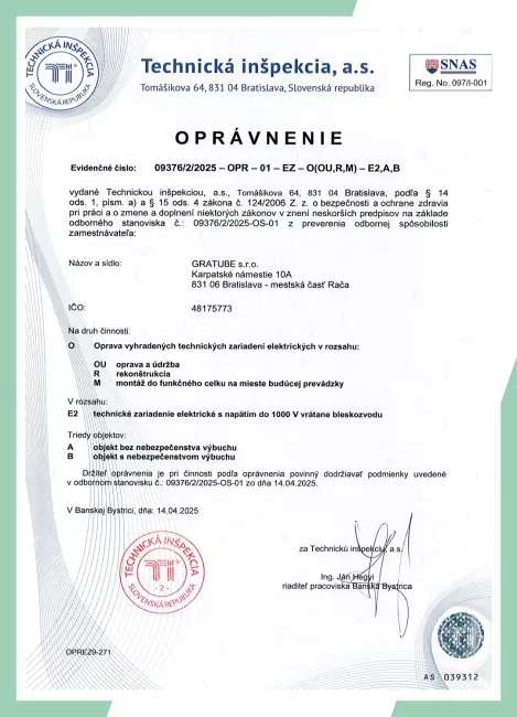 Oprávnenie Technickej inšpekcie na opravu, údržbu, rekonštrukciu a montáž elektrických zariadení do 1000 V vrátane bleskozvodov (E2)