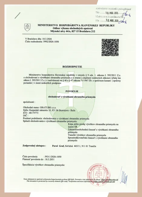 Povolenie Ministerstva hospodárstva SR na obchodovanie s výrobkami obranného priemyslu pre GRATUBE s.r.o., platné do 2031
