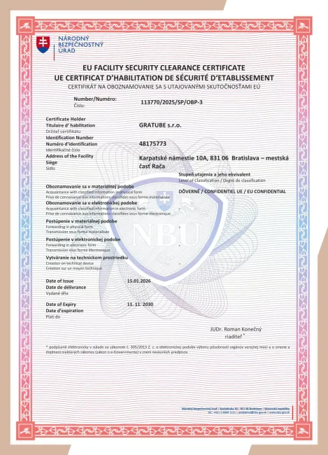 Certifikát NBÚ na oboznamovanie sa s utajovanými skutočnosťami EÚ (EU Facility Security Clearance), stupeň Dôverné, GRATUBE s.r.o.
