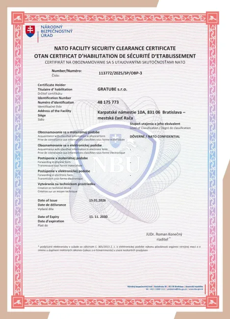 Certifikát NBÚ na oboznamovanie sa s utajovanými skutočnosťami NATO (NATO Facility Security Clearance), stupeň Dôverné, GRATUBE s.r.o.