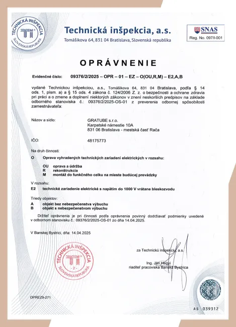 Oprávnenie Technickej inšpekcie na opravu, údržbu, rekonštrukciu a montáž elektrických zariadení do 1000 V vrátane bleskozvodov (E2)
