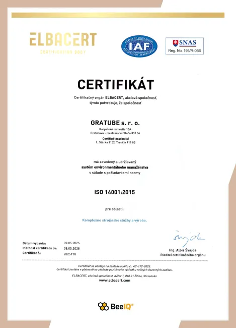 Certifikát ISO 14001:2015 - systém environmentálneho manažérstva, komplexné strojárske služby a výroba, GRATUBE s.r.o.