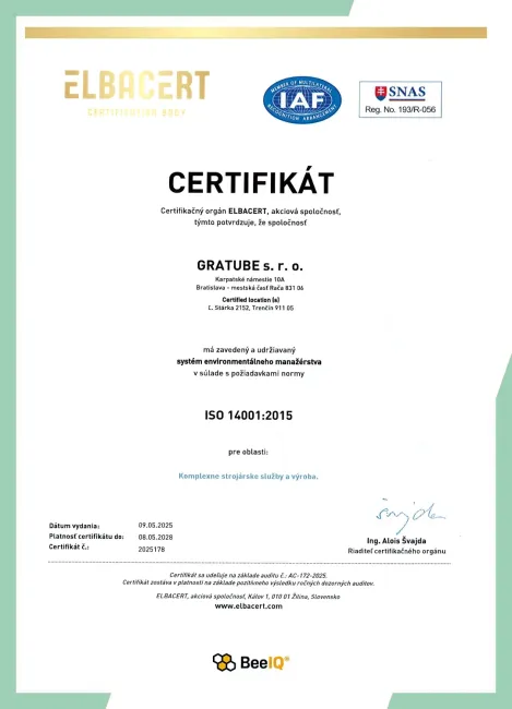 ISO 14001:2015 certificate - environmental management system, GRATUBE s.r.o.
