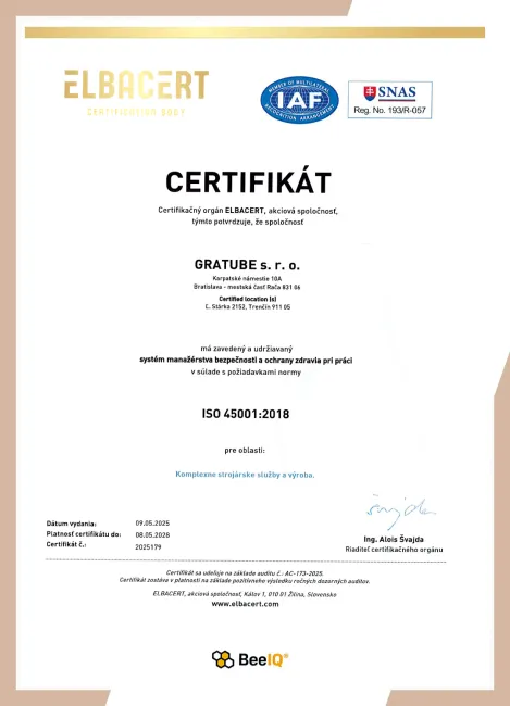 Certifikát ISO 45001:2018 - systém manažérstva bezpečnosti a ochrany zdravia pri práci, GRATUBE s.r.o.